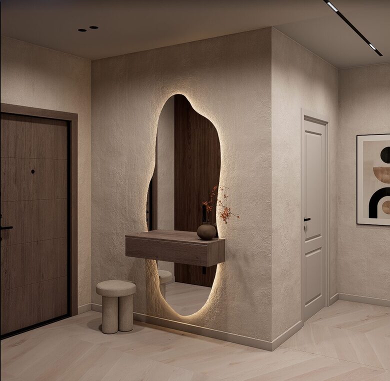 703 Unikalios formos veidrodis 900x2070 su paslėptu apšvietimu ir spintele
